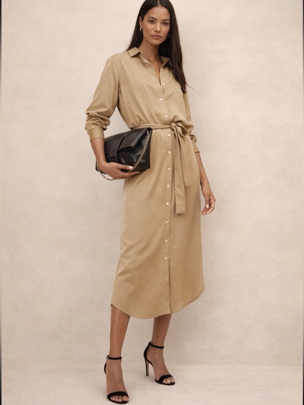 Banana Republic Tie Waist Maxi Shirt Dress in British Khaki Size Small NWT